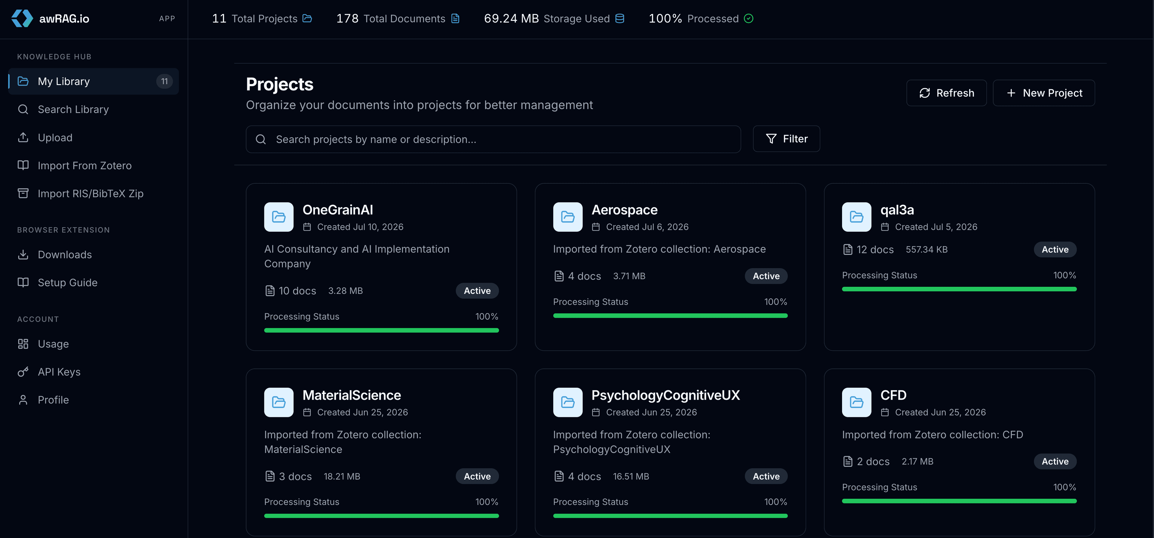 awRAG.io Projects Dashboard